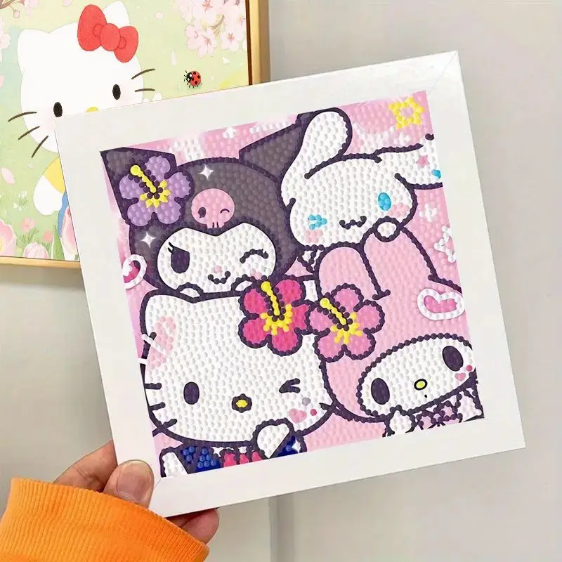 Kit di pittura diamante Hello Kitty carino da 1 pezzo, arte con strass 5D fai da te con trapano completo caratterizzato da giardino primaverile con tulipani in fiore, ciliegia