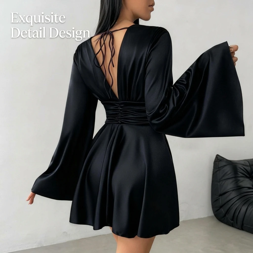 Satin V Neck Party Dress for Women Elegant Flare Long Sleeve Mini Dress Silky Solid Color Cocktail Dress