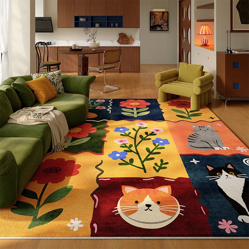 Living Room Carpet Large Size Stain-resistant Wear-resistant Loop Pile Carpets Cute Cat Pattern Floor Mat Bedroom Home Decor Rug