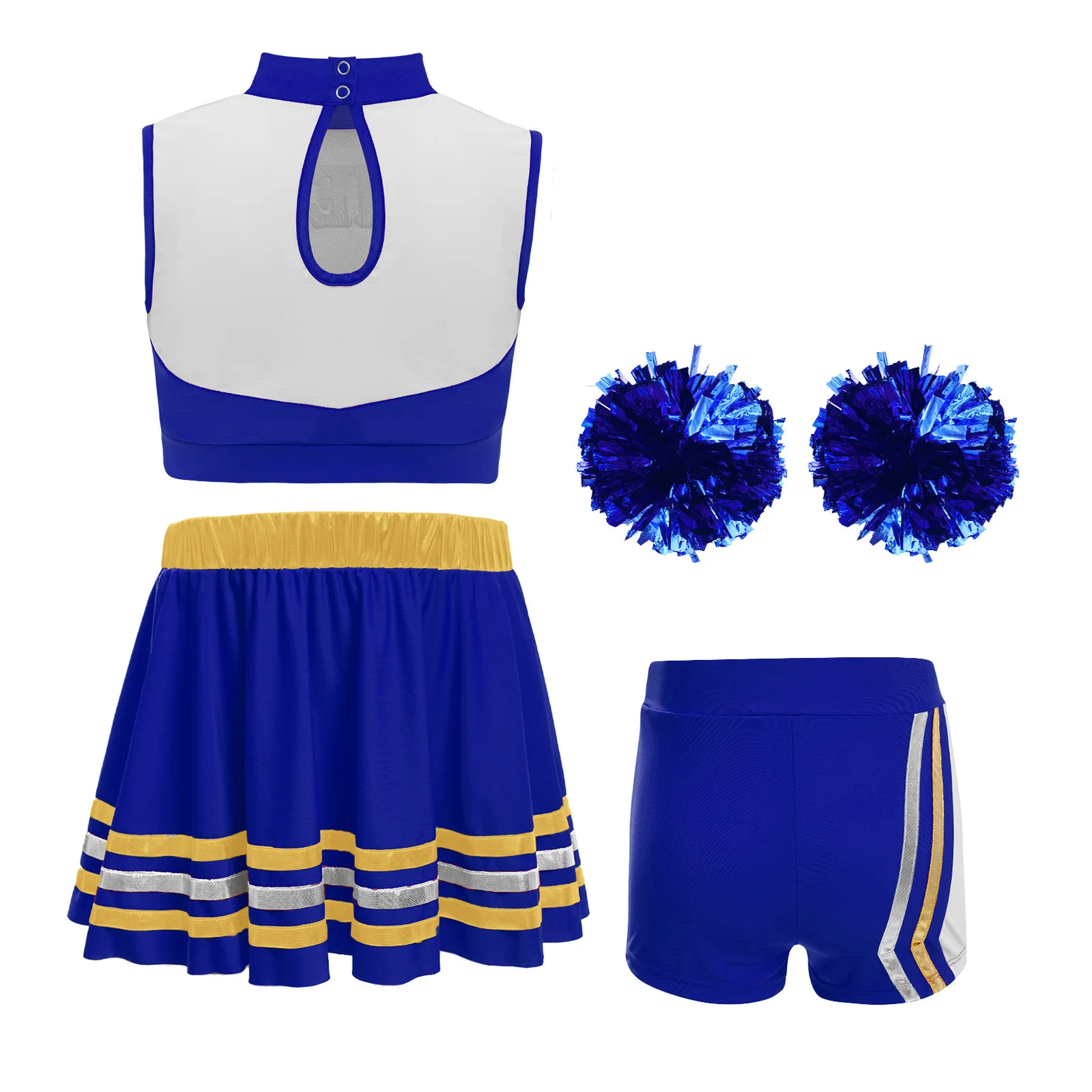 4Pcs/Set Kids Girls Cheerleading Uniform Sleeveless Letters Printed Color Block Tank Crop Top+Striped Skirt+Shorts+Flower Balls
