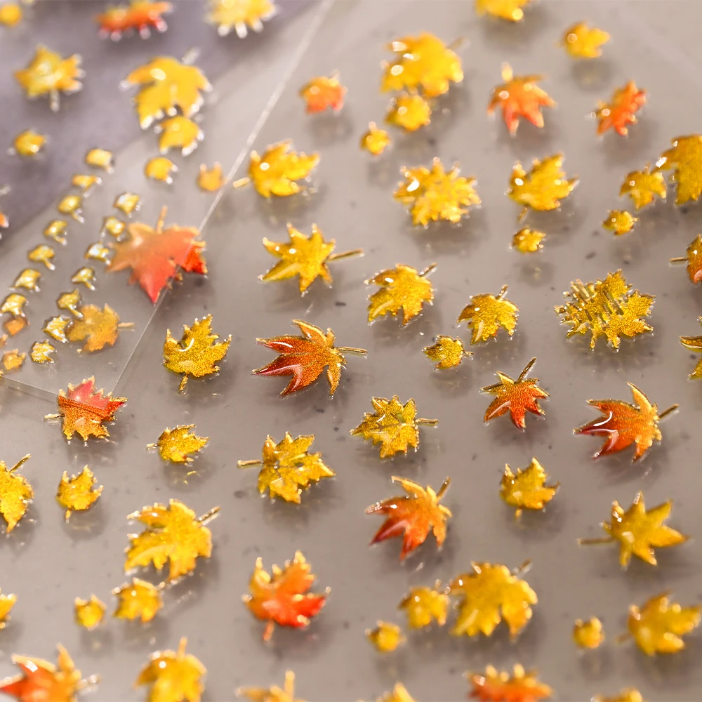1pcs 5D Embossed Autumn Maple Leaf Nail Stickers Golden Orange Fall Leaf Self‑Adhesive Nail Decals DIY Manicure Nail Accessories