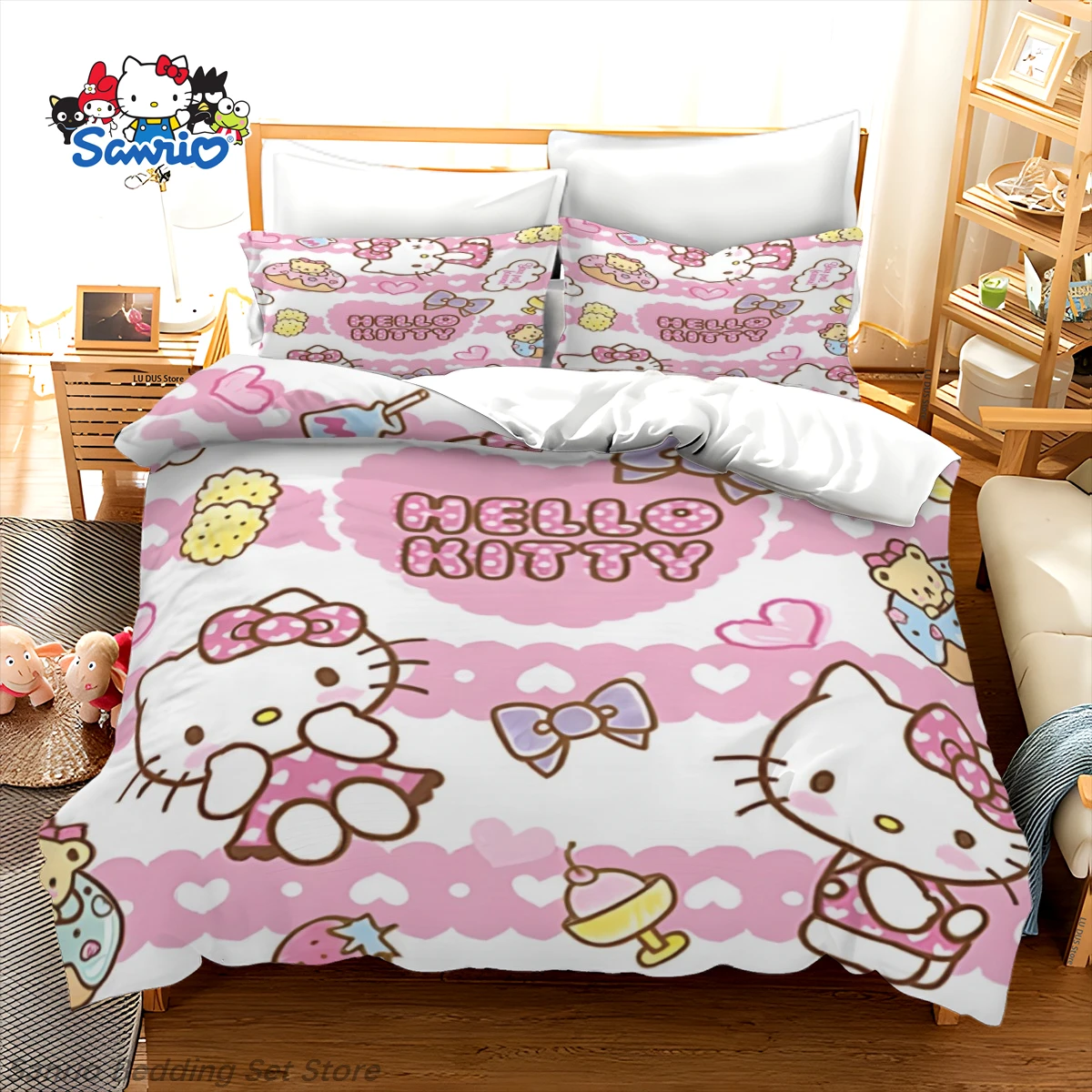 

Sanrio Hello Kitty Bedding Set Kawaii Hello Kitty Duvet Cover with Pillowcases Single Double Queen King size Home Bedclothes