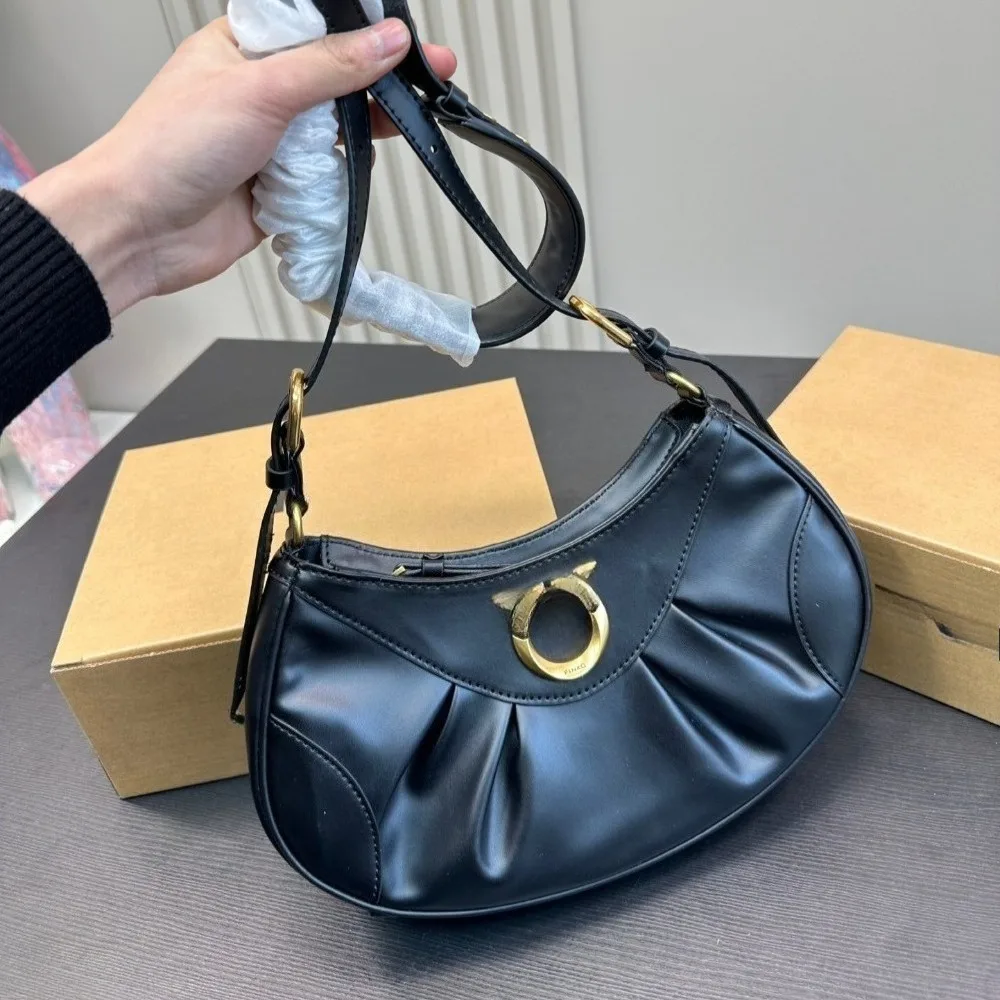 

Винтажная черная кожаная сумка-хобо для женщин, ретро-сумка через плечо в форме полумесяца с золотистой фурнитурой, элегантная плиссированная сумочка на каждый день