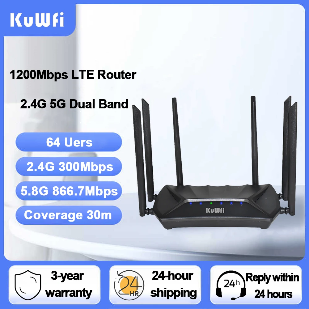 KuWFi Dual Band LTE Router 1200Mbps Wireless Router with 6*5dBi High Gain Antennas Wider Coverage Wi-Fi Extender for Home Office