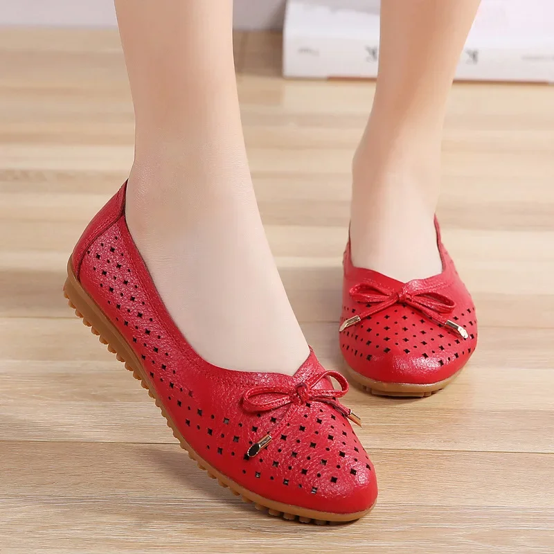 2024 summer Women Cutouts Genuine Leather Mom Shoes Comfortable Flats Nurse Casual slip-on ballet flat loafers size 35-42