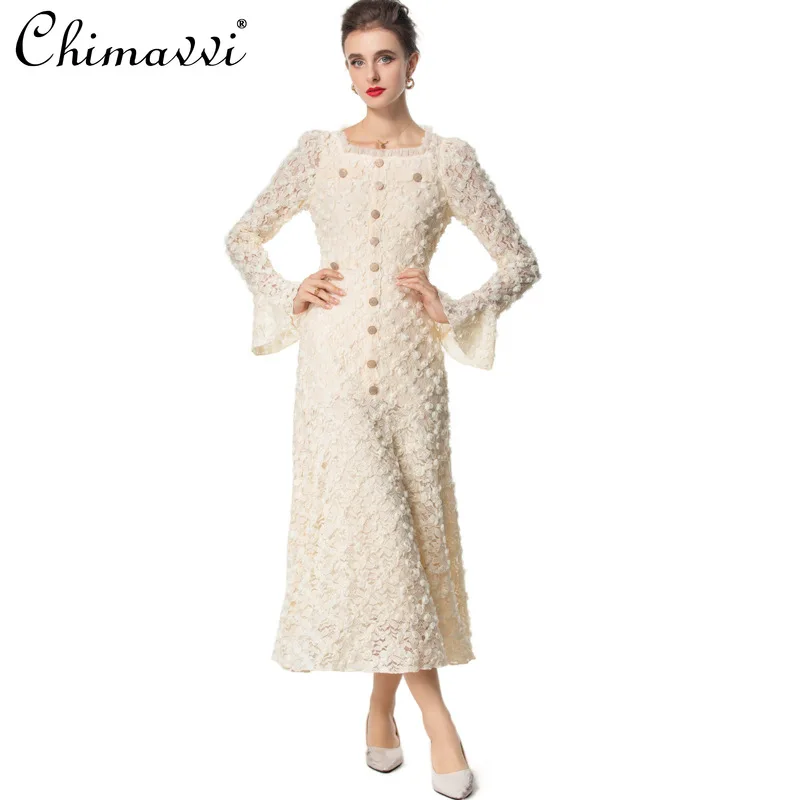 Schwere 3D Floral Square Neck Ausgestelltes Langarm Vintage Prinzessin Kleid frauen Herbst Neue Mode High-End Slim fit Elegante Kleid