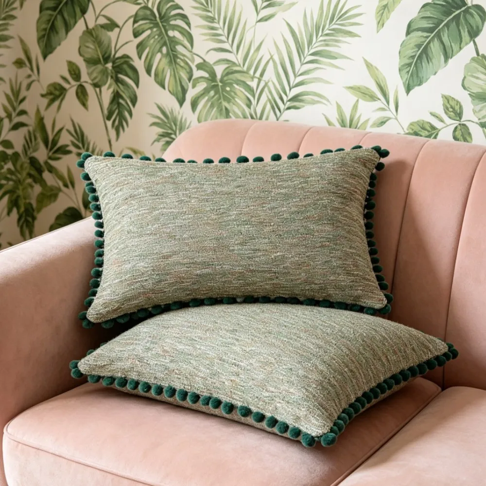 Weiche Chenille-Kissenbezüge mit Kreuzmuster - Dekorative Kissenhüllen mit Pompom-Rand für Wohnzimmer-Dekoration und Sofa