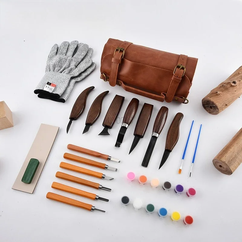 Wood Carving Kit Deluxe Handmade Whittling Knife Set Wooden Carving Tools with Large PU Leather Case  for Beginner Professional