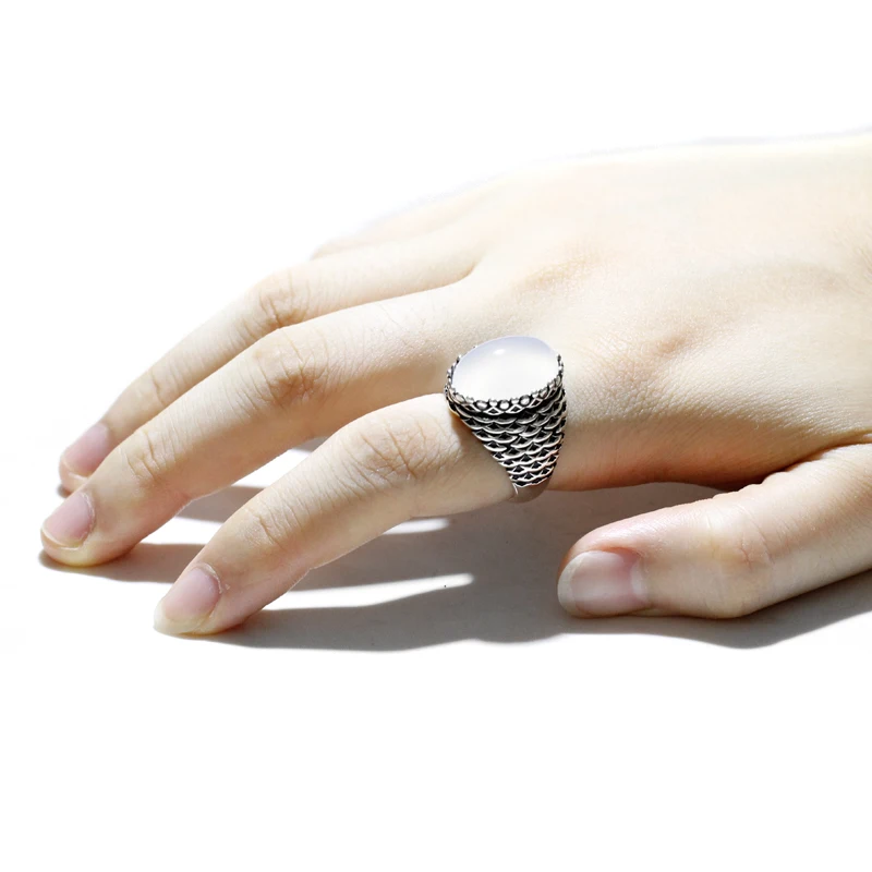 S925 Sterling Silver Ring Türkiye Men's Handmade Jewelry Gift Natural White Agate Vintage Punk Luxury Holiday Gift image 5