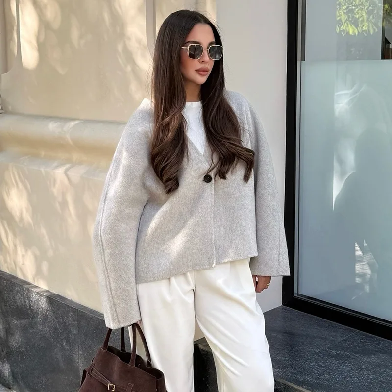 

Talenza Women Woolen Coat Autumn Solid Loose Casual V-neck Woolen Coats Top High Street Warm Office Basic 2025 New Women Jackets