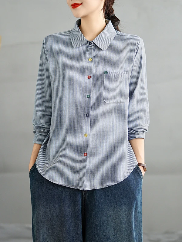 

Loose Fit Striped Long Sve irt Vintage Lazy Sle Women's Casual Top New plus Size Faion Autumn Cotton Pure Color Blo