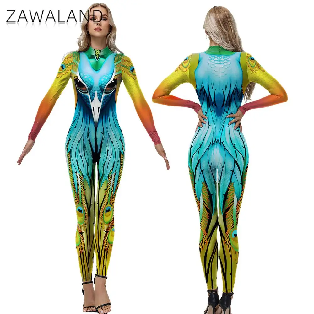 

Zawaland Peacock Cosplay Costume Woman Zentai Suit Fancy Dress Up Party Animal 3D Printed Bodysuit Sexy Long Sleeve Jumpsuit