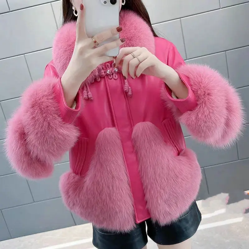 Women Faux Fur Coat Imitation Fox Fur Collar Thick Leather Outwear Loose Solid Color Short Jacket Fashion Casual Warm Outcoat