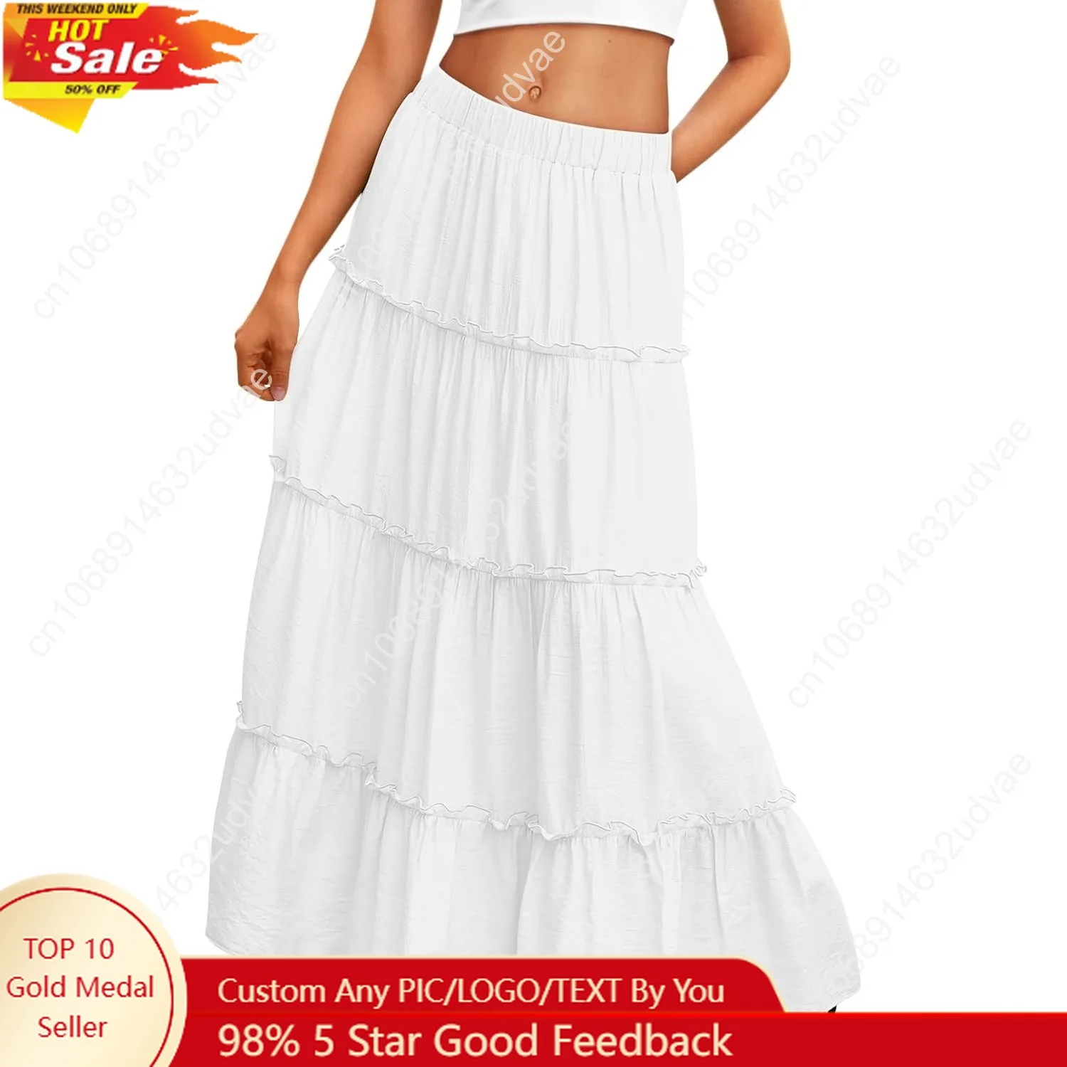 

Trendy Queen Long Skirts for Women Boho Maxi Skirt Summer Swing Tiered A-Line Elastic High Waist Dress with Pockets Fashion