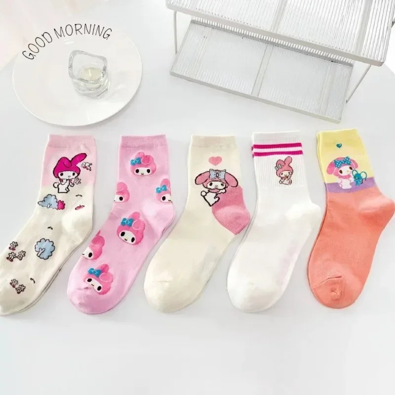 5pcs Sweet My Melody Anime Kawaii Cartoon Socks Female Sanrio Ins Cute Cartoon Cotton Midtube Stockings Lovely Gifts for Girls