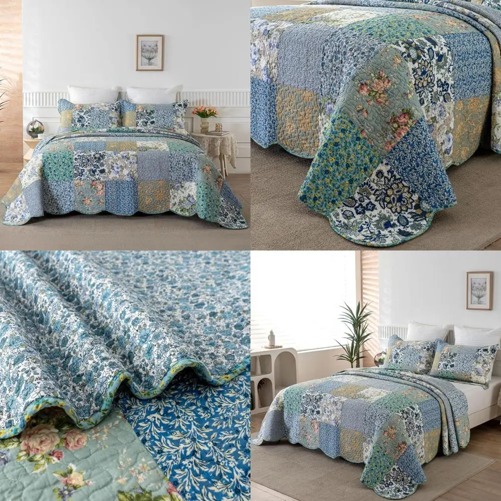 

Queen Size Cotton Patchwork Quilt Set - Reversible Floral Design with Pillow Shams