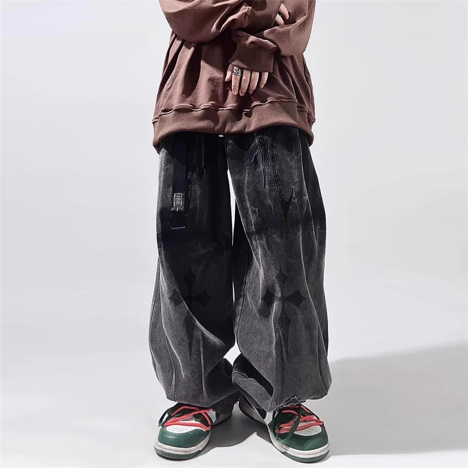 

Gothic Embroidery Jeans Mens Streetwear Hip Hop Washed Wide-leg Trousers Harajuku Vintage Baggy Elastic Waist Casual Denim Pants