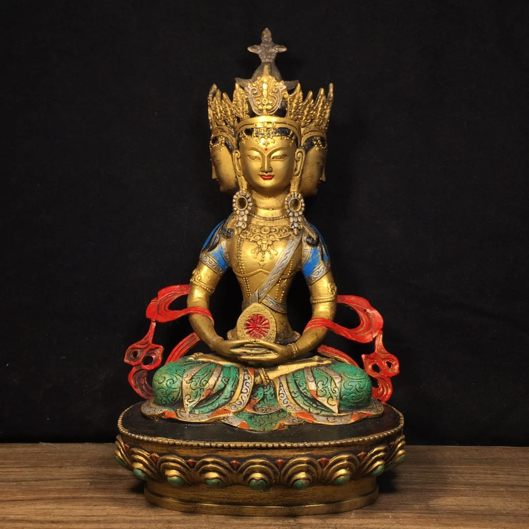

12"Tibetan Temple Collection Old Bronze Painted Three sided Buddha Head Amitayus Longevity Buddha Lotus Platform Worship Hall