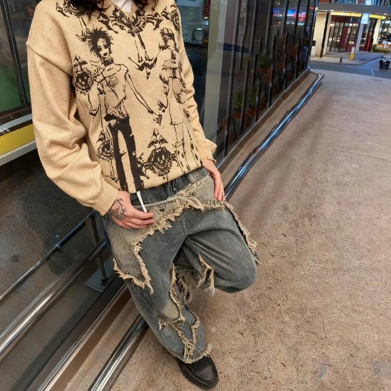 

Harajuku Autumn And Winter New Dark Retro Knitted Sweater Men American Street Hip Hop Y2K Round Neck Pullover sweater Unisex