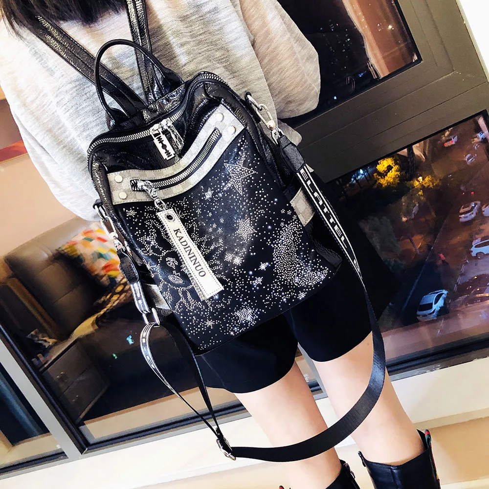 Women Backpack Fashion Shiny Rhinestone Leather Multifunctional Shoulder Backpack Luxury Designer Casual Large Capactiy Bagpack