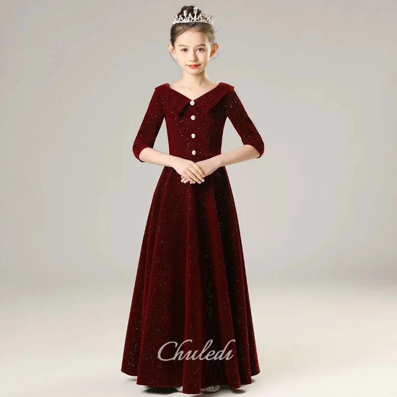 Girls dress wine red velvet v-neck mid-sleeve floor-length birthday party evening dress