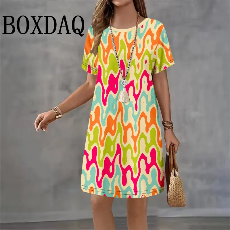 2025 ใหม่แฟชั่นรูปแบบฤดูร้อนชุดผู้หญิงสบายๆเสื้อยืดแขนสั้นหลวมสีสันลาย 3D พิมพ์