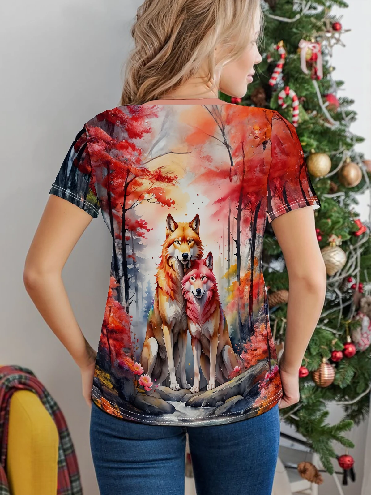 Double Wolf Print T-shirt, Casual Crew Neck Short Sleeve Top For Spring & Summer, Women\'s Clothing