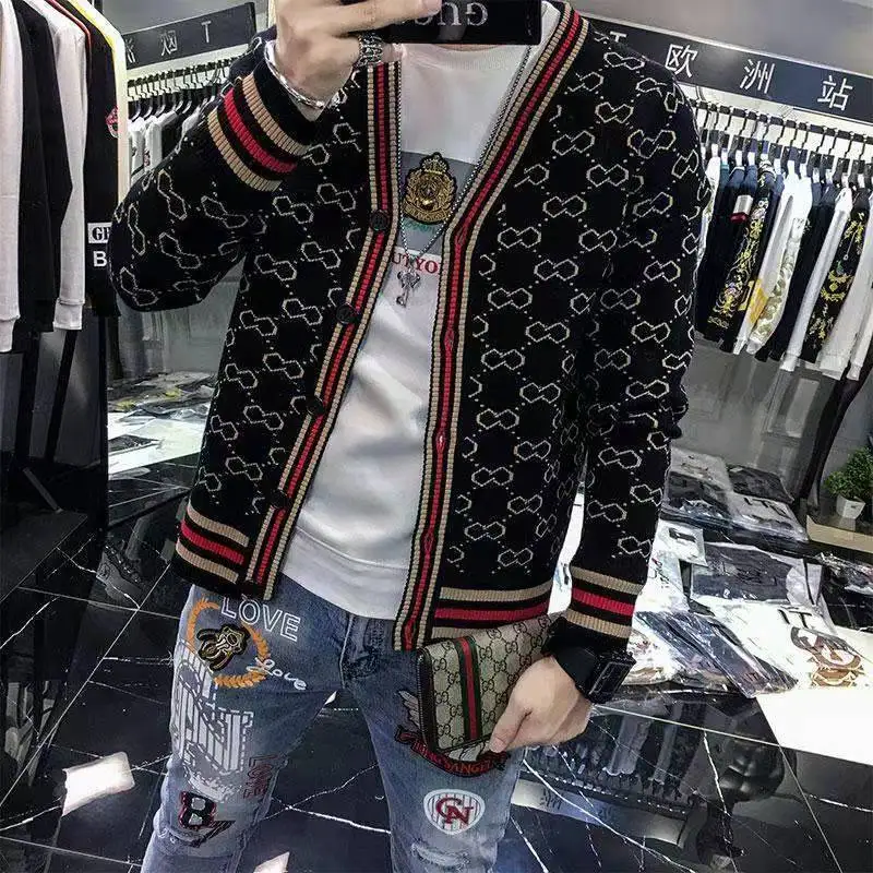 Cardigã de tricô de manga comprida masculina, Botões Casaco, Decote em V, Patchwork, Malhas, Moda, Impressão, Tendência, Novo, Outono, Inverno