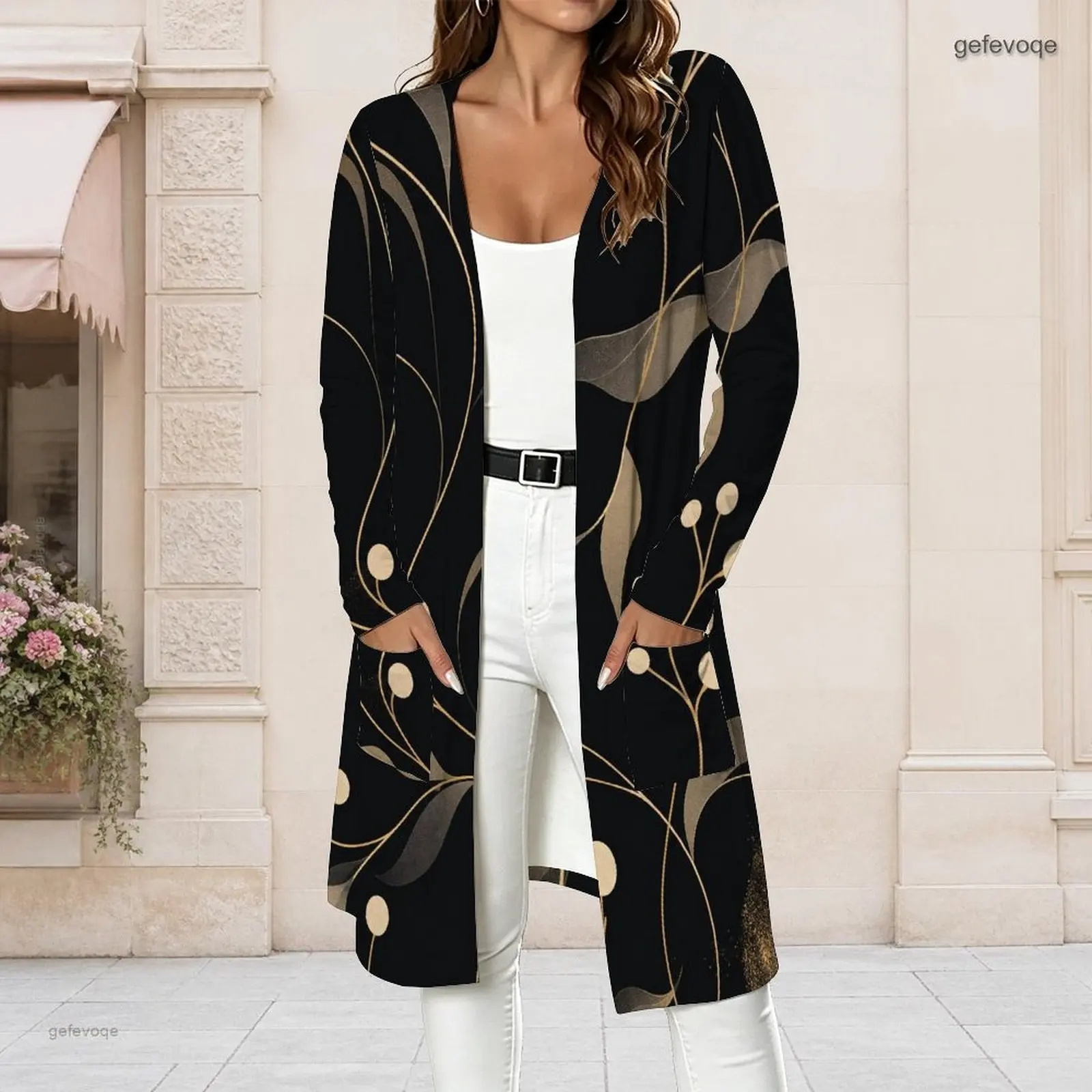 Women Black Abstract Gold Beige Line Dot Print Open Front Long Sleeve Longline Cardigan with Pockets