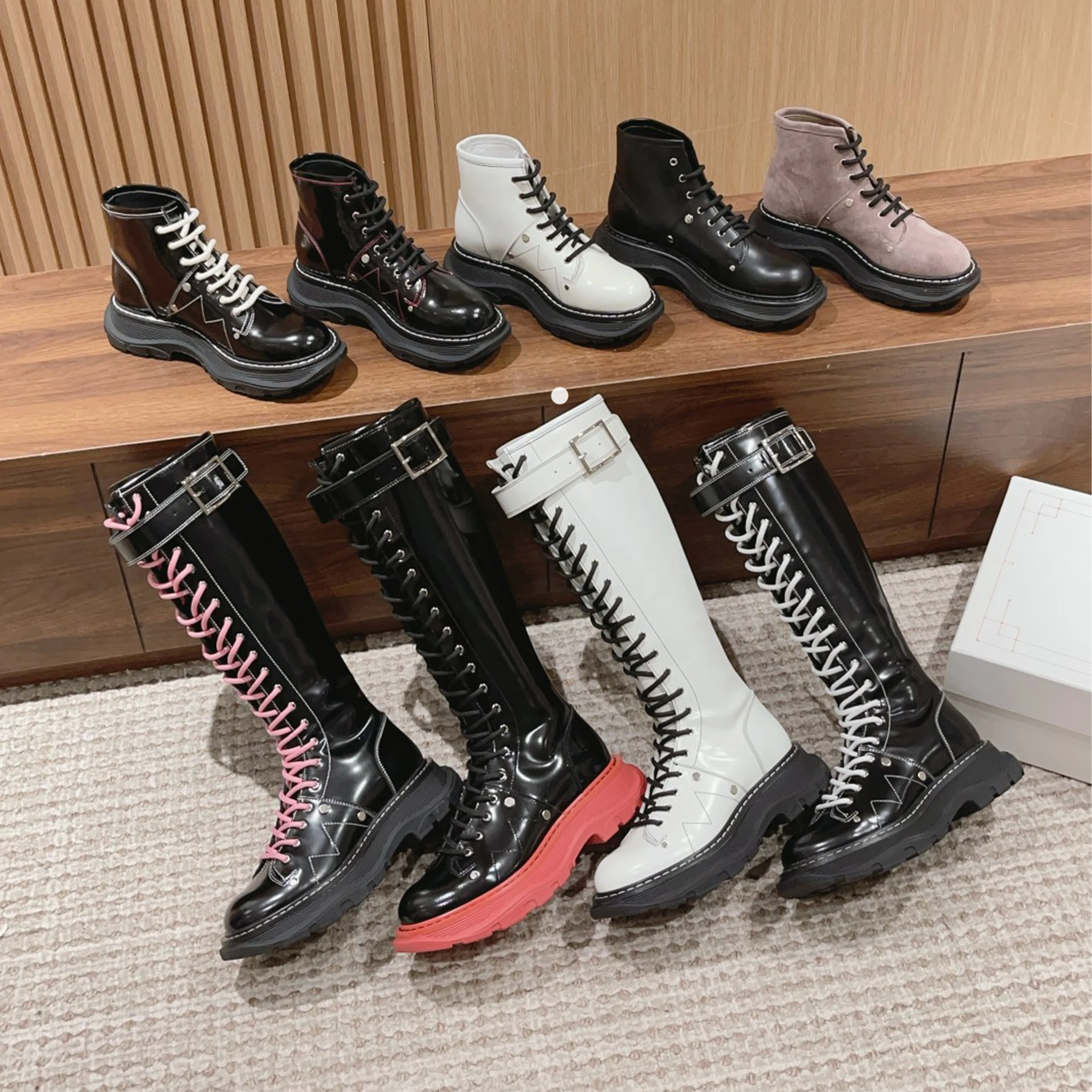 

NIGO Women's Fashion Trend Thick Boots Lace Up Short Cowhide Thigh High Shoes Sole Thick 4.5 #NGSH1113