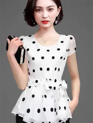 Women Casual Summer Style Chiffon Blouses Shirts Lady Short Sleeve O-Neck Polka Dot Printed Blusas Tops