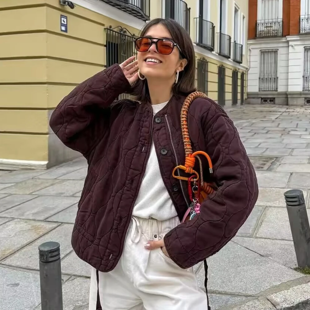 

Casual Loose Quilted Coats for Women Elegant Long Sleeve Oversized Coat Autumn Winter Fashion Zipped Warm Jackets 2025 Outwear