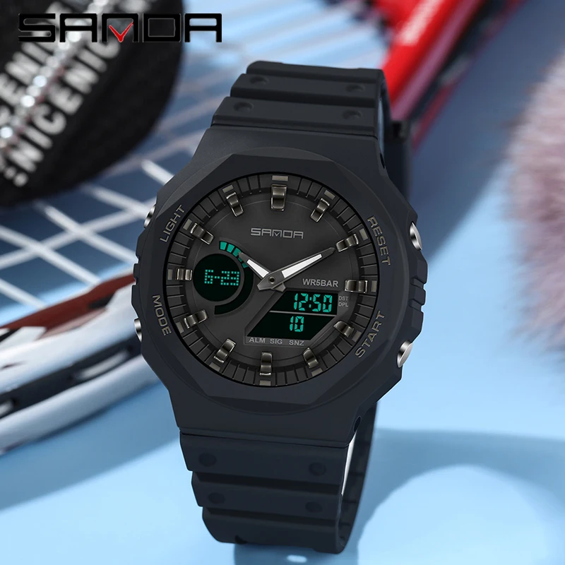 SANDA Top Luxury Men's Quartz Watches Waterproof Men Military Sport Watch Relogio Masculino Dual Display LED Digital Wristwatch