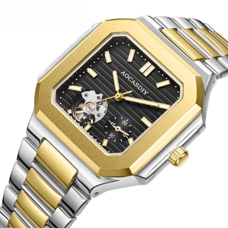 

Мужские механические часы швейцарского бренда с водонепроницаемым стальным ремешком, трендовые, с полым квадратным циферблатом, хит продаж