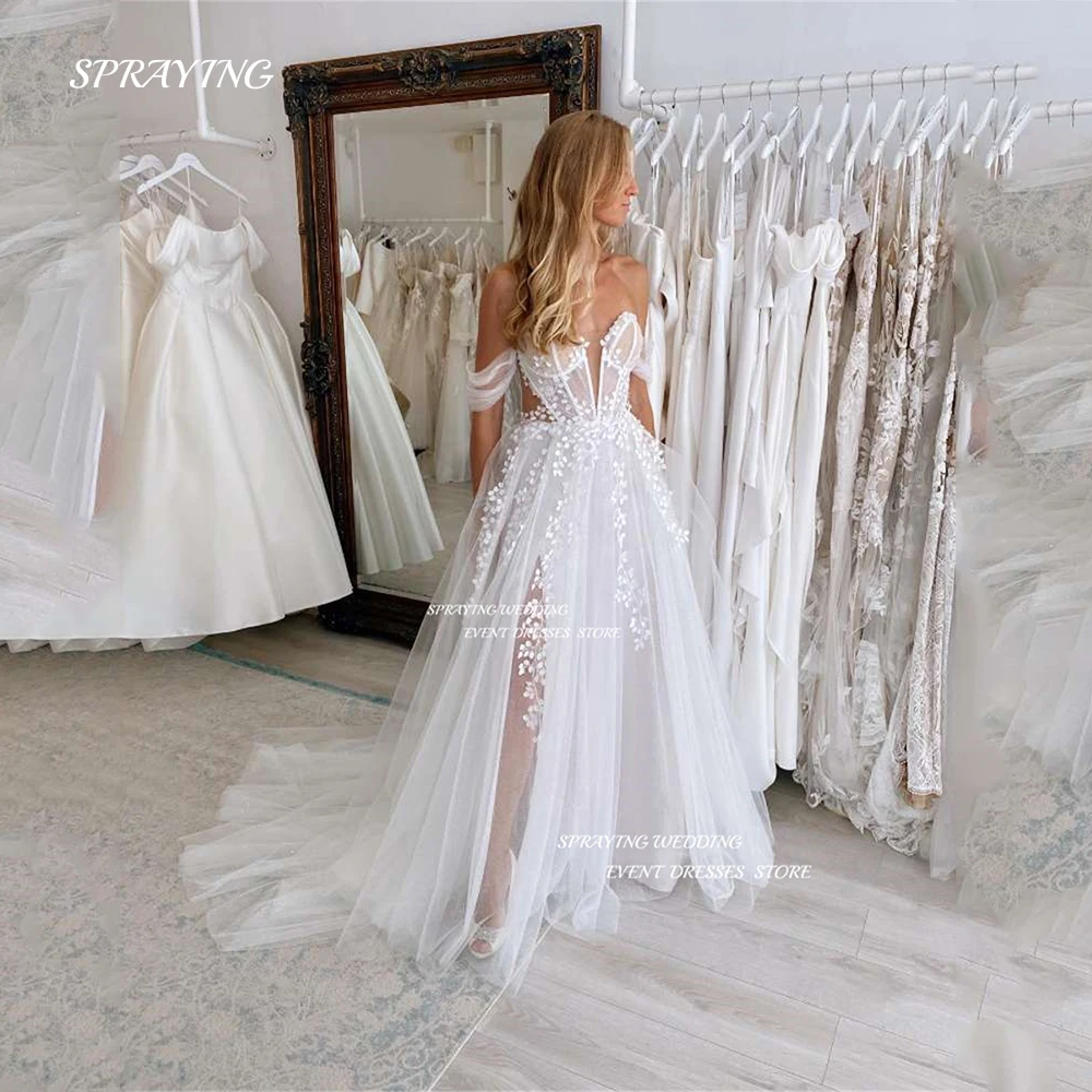 

SPRAYING Sexy Deep V Neck Wedding Dress Saudi Arabia Off Shoulder High Split Bridal Gown Lace Applique Vestido De Noiva