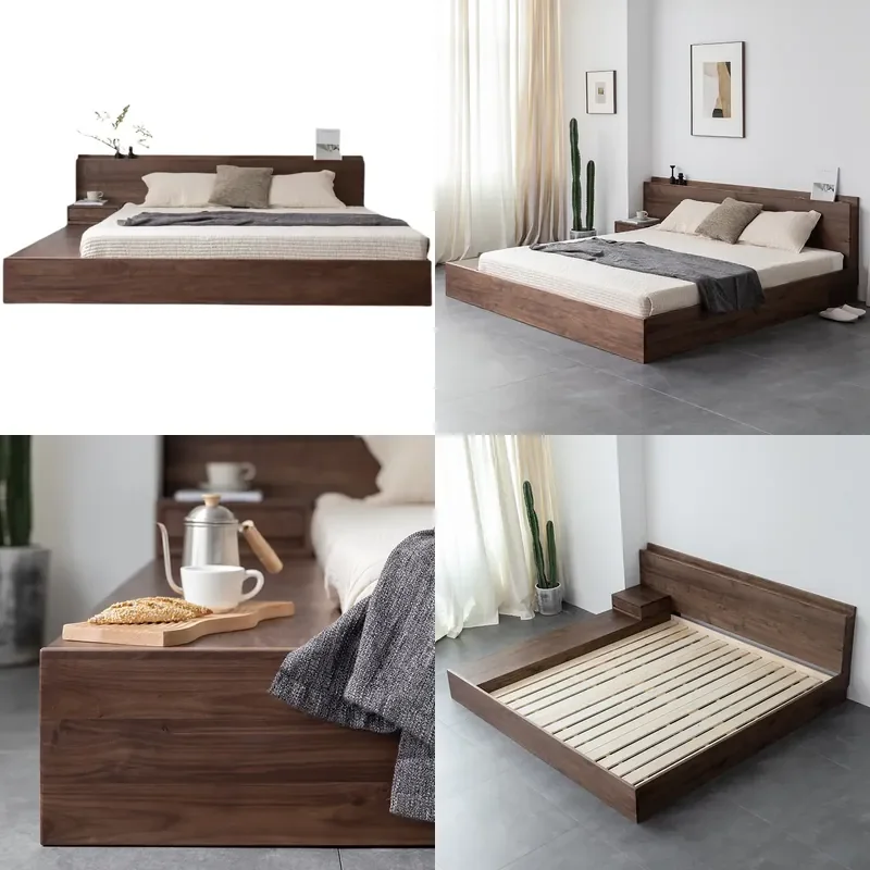 Nordic Japanese Style Double Oak Solid Wood Tatami Floor to Ceiling Short Bed Simple Modern Wabi Sabi Black Walnut Wedding