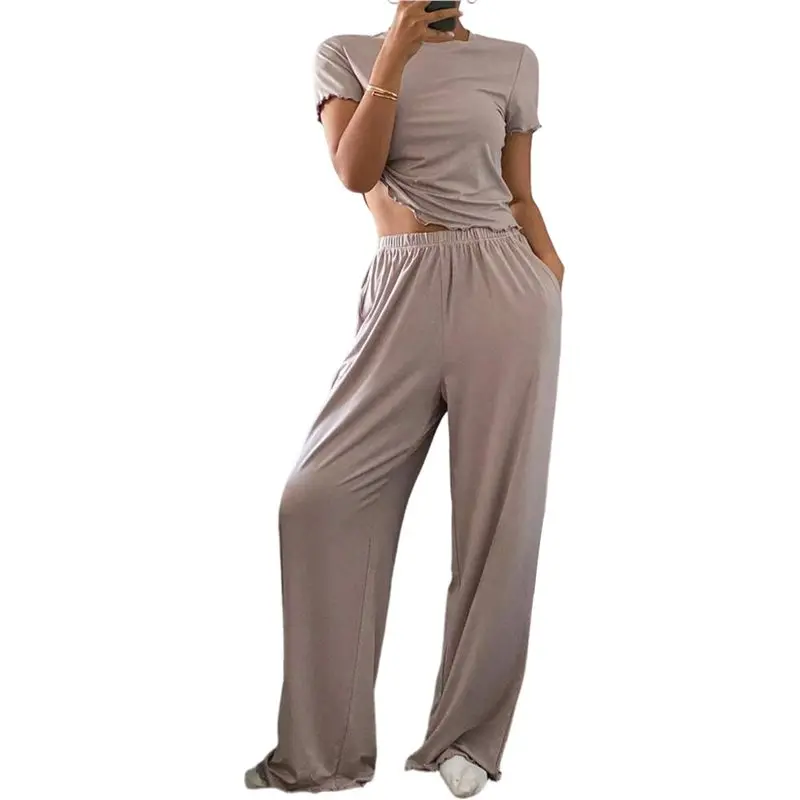 

Женский комплект пижамы CYL из 2 предметов: топ и брюки с волнистым декором, однотонный, облегающий, для отдыха