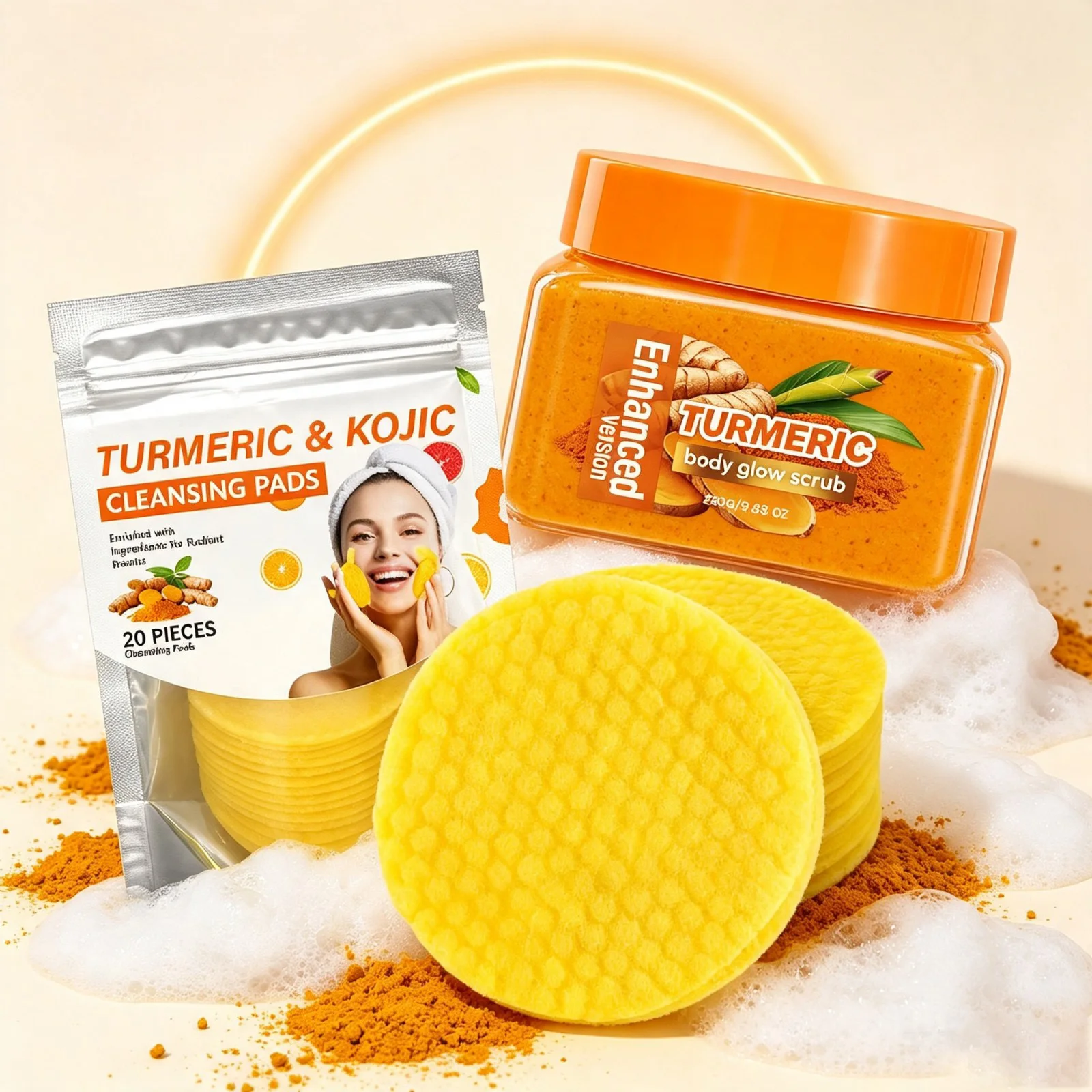 Turmeric Face Pads Body Scrub Set Gentle Exfoliating Brightening Hydrating Refreshing Daily Skincare Cleansing for All Types Kit