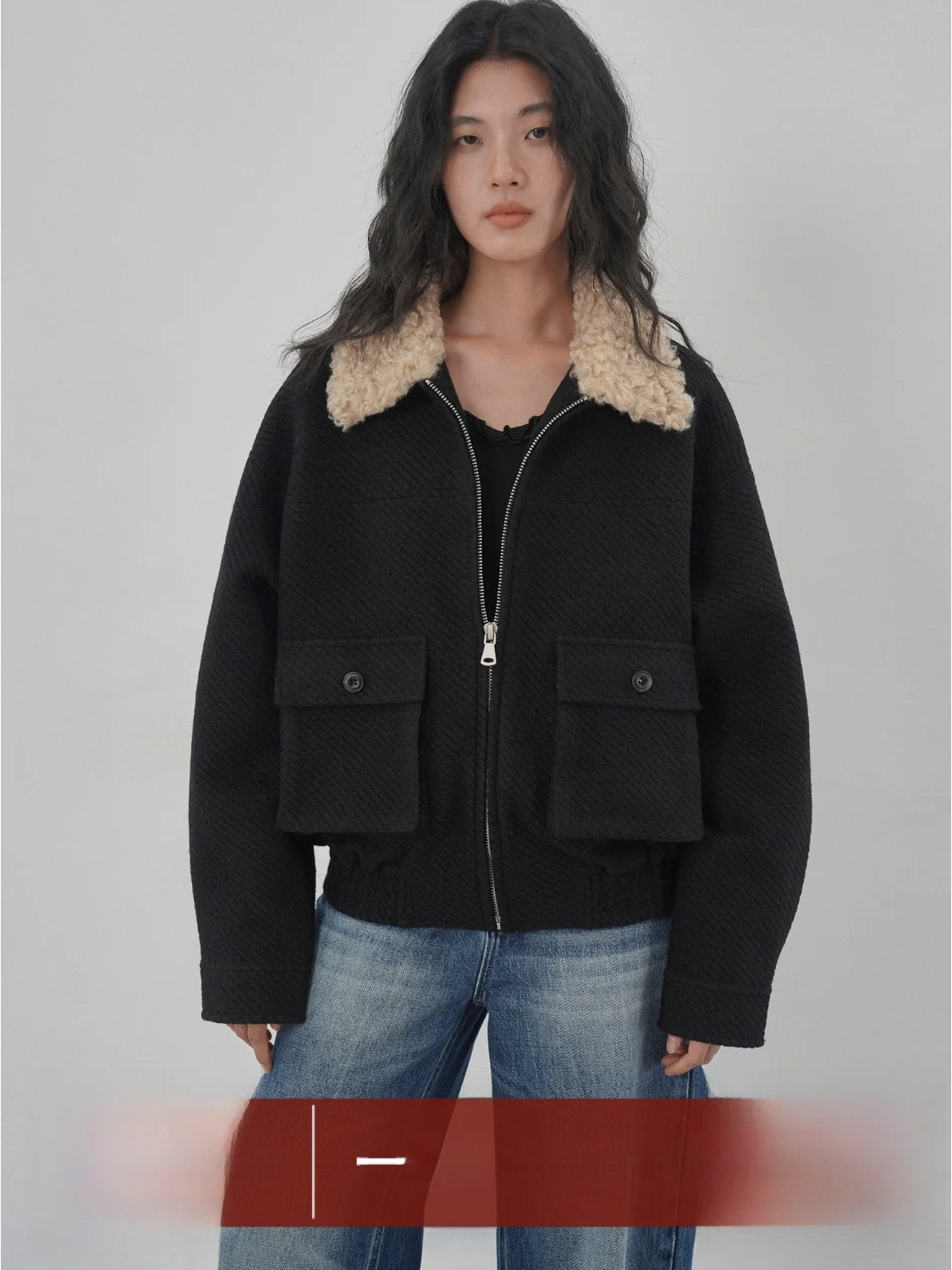 

EIGHTHMONTH Women's ort Woolen Jaet with Lamb Fur Collar Utili Sle Design Commute Friendly Polyester Material