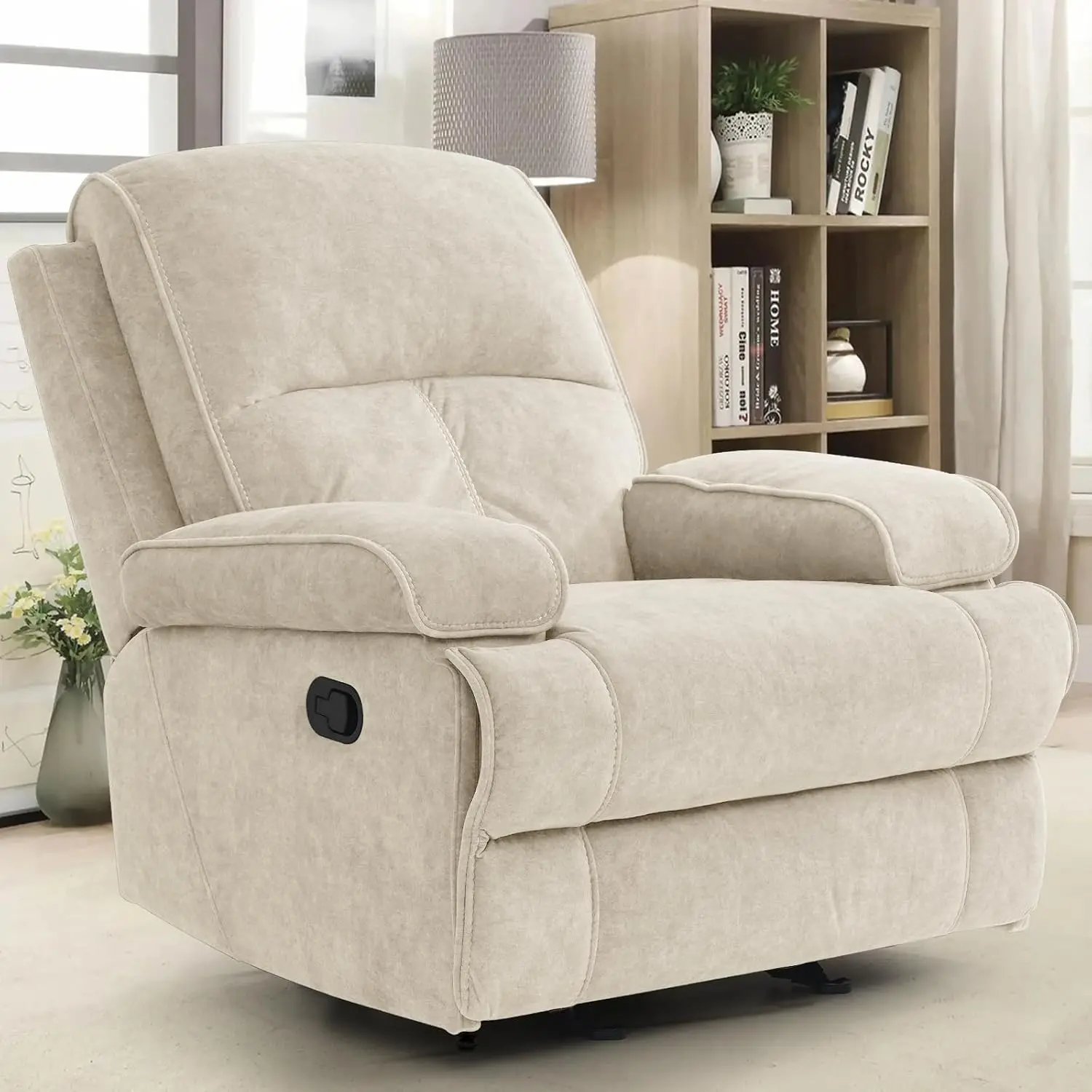 Manual Rocker Recliner, High Back Glider with Deep Seat, Fabric Armchair for Living Room & Nursery, Beige, Customized