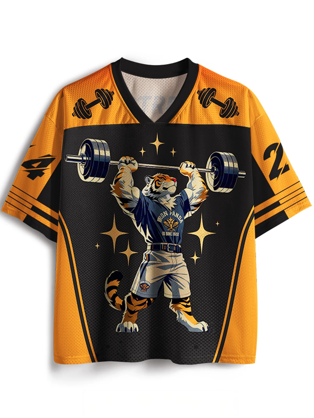 Unisex Y2K Weightlifting Tiger Graphic Mesh Jersey V‑Neck Short Sleeve Breathable Loose Street Personality Sports Tops