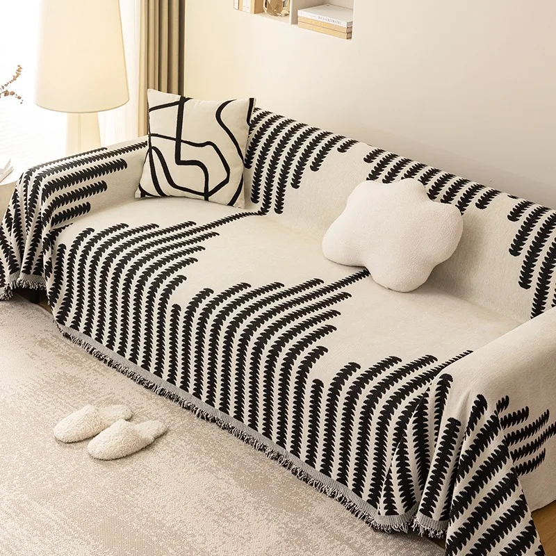 1pc Chenille Sofa Towel & 1pc Waffle Pillow Case, Sofa Towel for Living Room French Style Home Decor Sofa Cover Tassel Edge