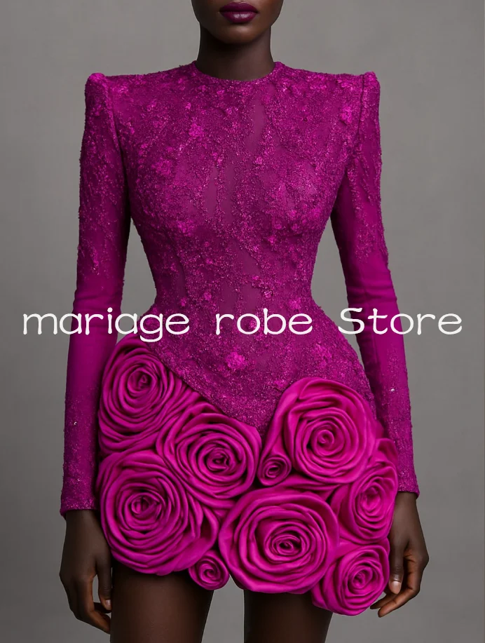 فساتين حفلات الكوكتيل المسائية الصغيرة من الدانتيل اللامع باللون الفوشيا، تنورة مصنوعة يدويًا على شكل زهرة مخصصة لحفلات العودة للوطن فيستدوس دي غالا