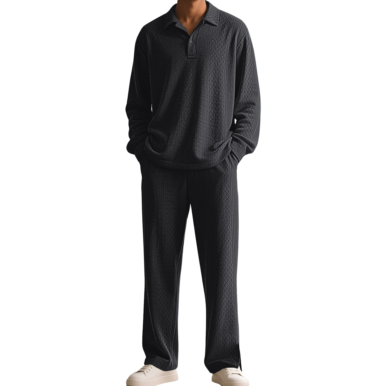 الصلبة اللون محكم عادية الياقة البلوز طويلة الأكمام بلوزات وسراويل الرياضة مجموعة الرجال الخريف والشتاء الدافئة طباعة فضفاضة #5