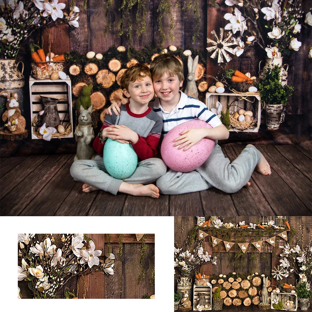 Cake Smash Kids Bunny Easter Photography Backdrops 1st Birthday Party Photostudio Grass Wood House Draps Child Background Studio