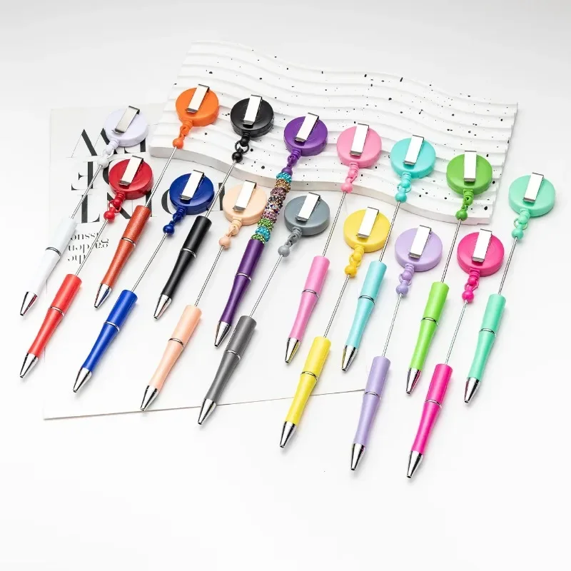 20pcs DIY Easy Pull Buckle Ballpoint Pen Beads Hanger Plastic Beaded Ball Pens for Writing Office Accessories Freebies