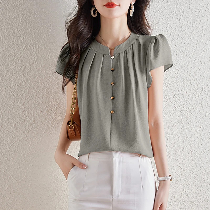 Damen Vintage Mode gekräuselte schlanke Bluse 2024 Sommer Büro Dame elegante Pendel hemden solide o Hals Kurzarm Tops Blusas