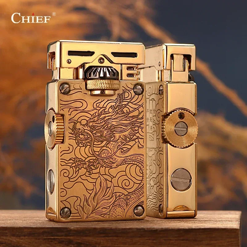 1pcs CHIEF Luxury Retro Oil Lighter Windproof Side Sliding Wheel Exquisite Relief Tangcao Pattern for Men
