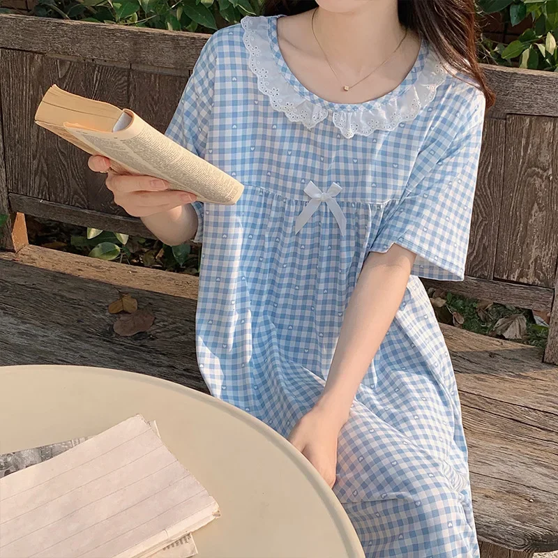 Summer Pajamas Women's Nightgowns Homewear Toned Cotton Small Fresh Short-Sleeved Lace Plus Size Floral Skirt Nightgown Dresses