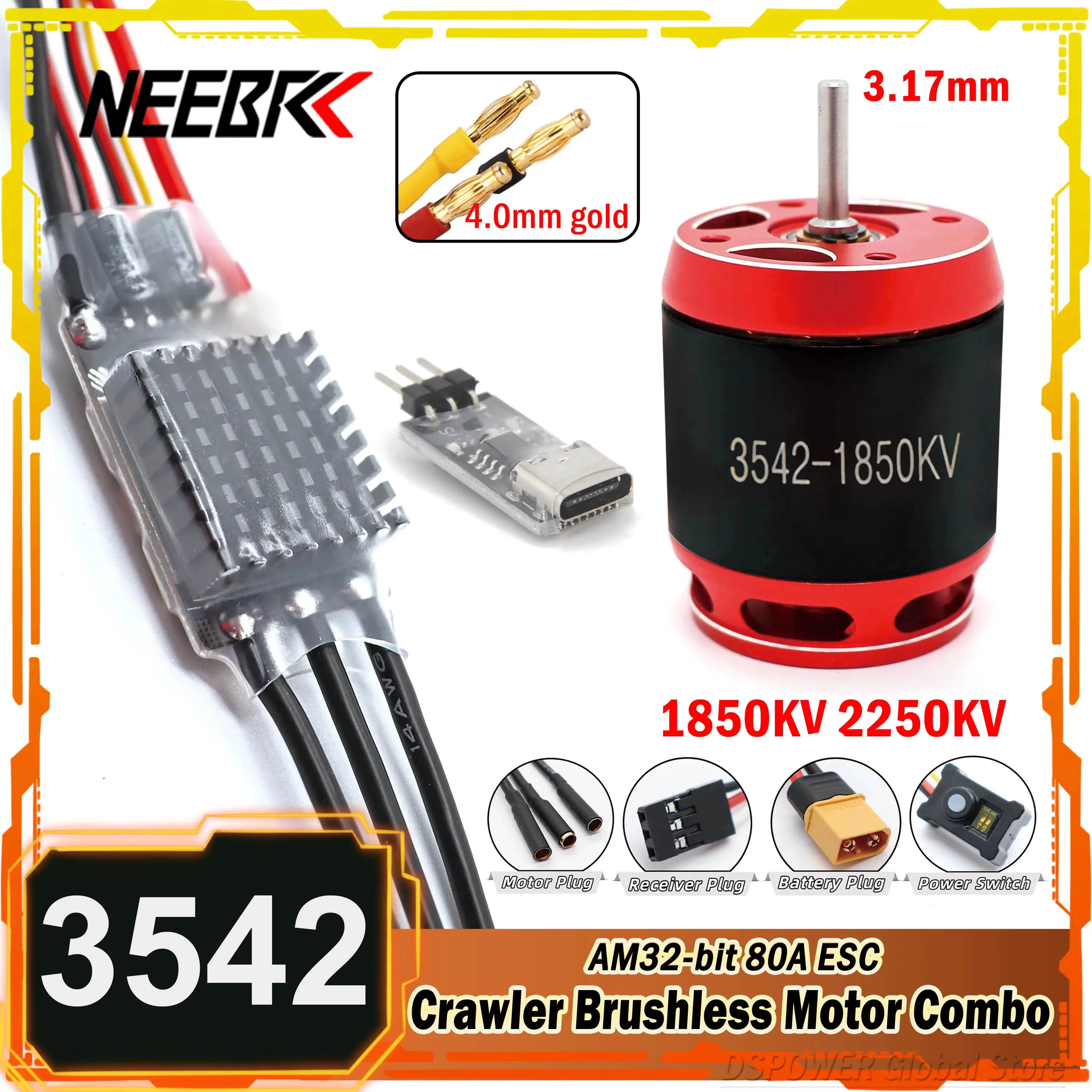 

NEEBRC AM32 Programming 80A ESC BEC 3542 1850KV 2250KV Brushless Motor for 1/10 RC Crawler Car Axial Traxxas SCX10 TRX4 TRX6